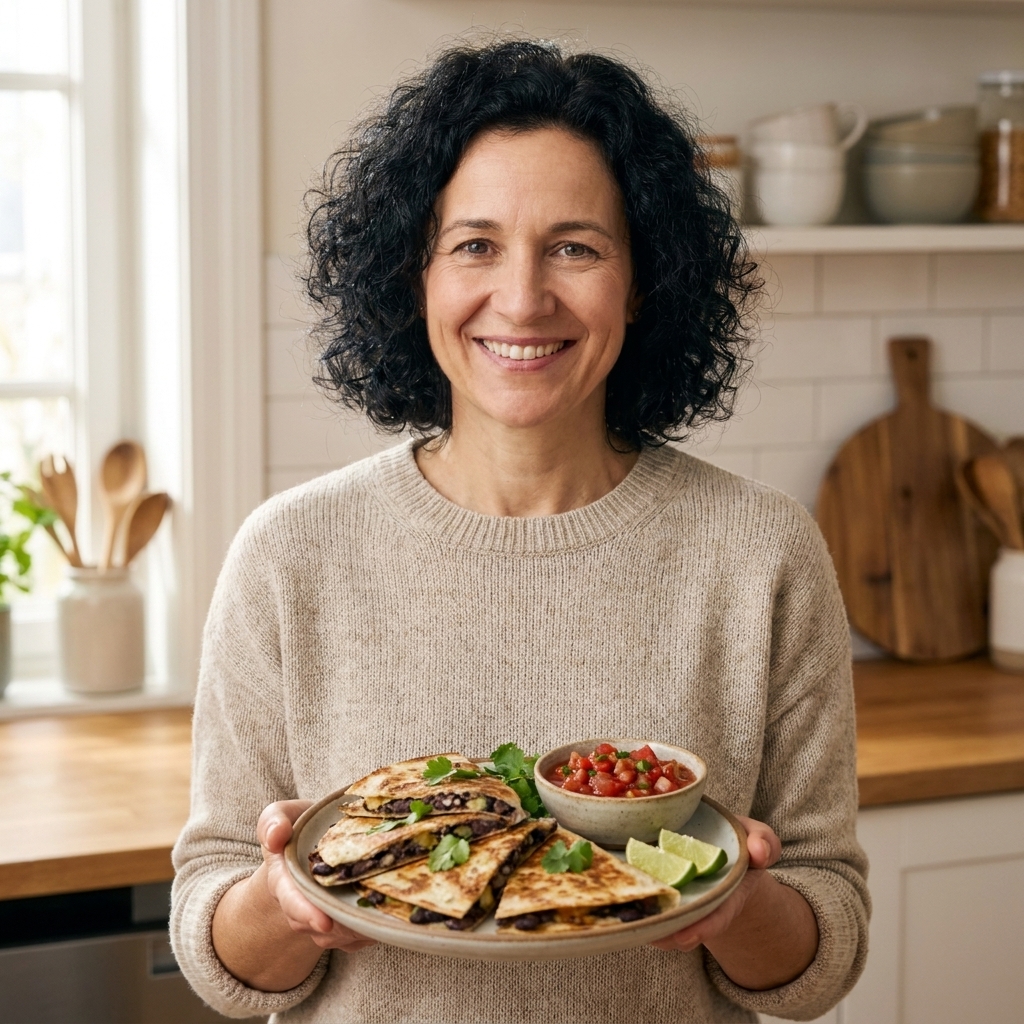 A crispy black bean quesadilla cut into wedges on a plate with a small bowl of salsa