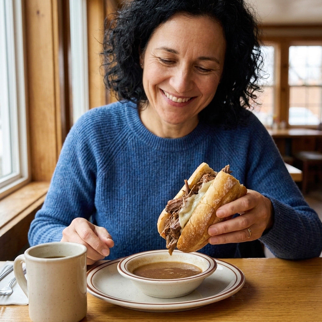 A crusty sandwich roll filled with shredded pot roast and melted cheese, served with a small bowl of warm gravy for dipping