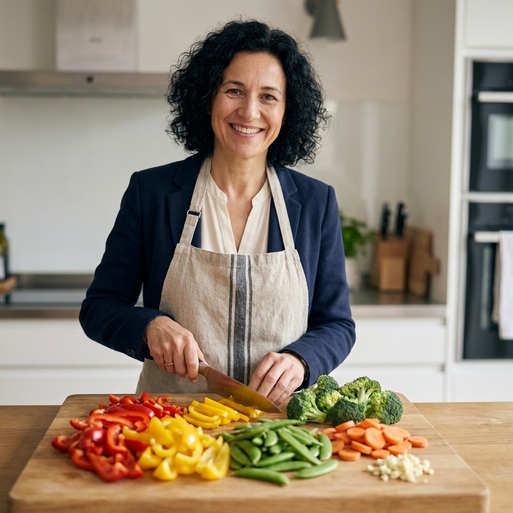 A cutting board covered with sliced bell peppers, broccoli florets, snap peas, carrots, and minced garlic prepped for a stir-fry