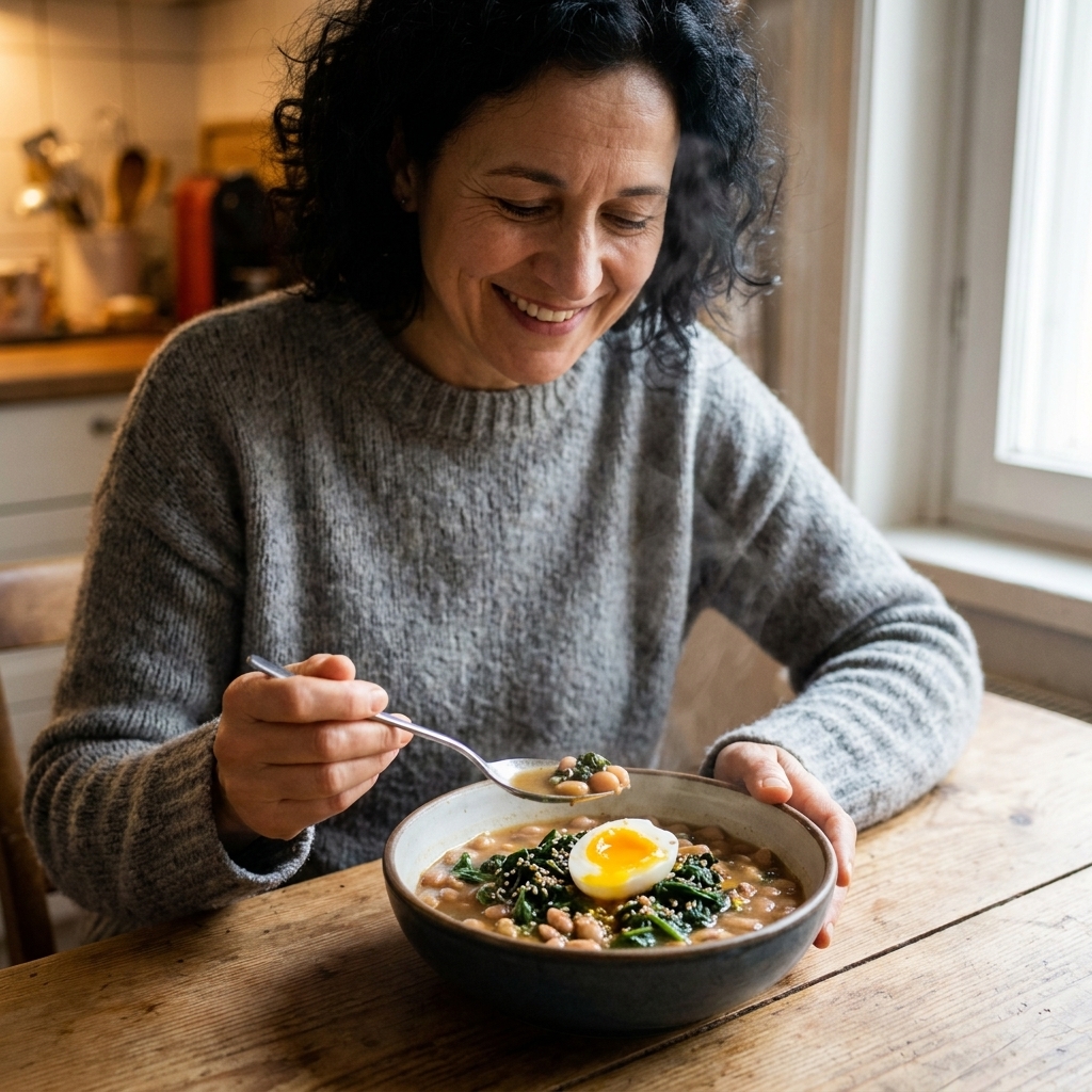 A deep bowl of brothy beans with wilted greens, sesame seeds, and a soft-boiled egg, steam rising