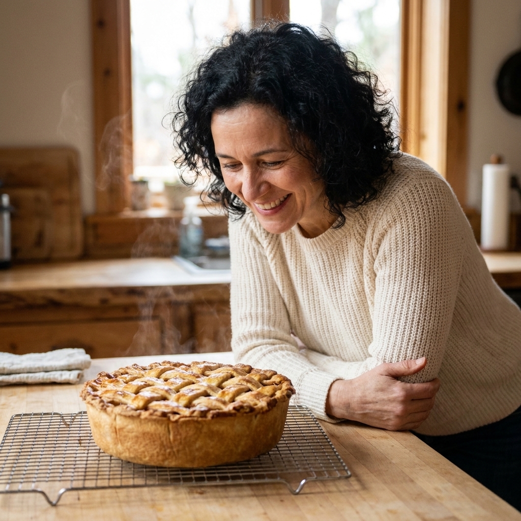 A deep-dish apple pie with a golden lattice crust cooling on a wire rack on a wooden counter