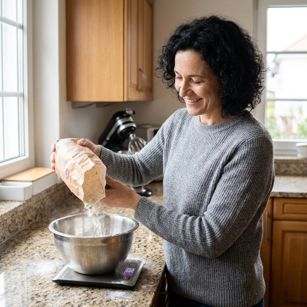 A digital kitchen scale on a countertop with a mixing bowl on top while flour is being poured in for accurate baking