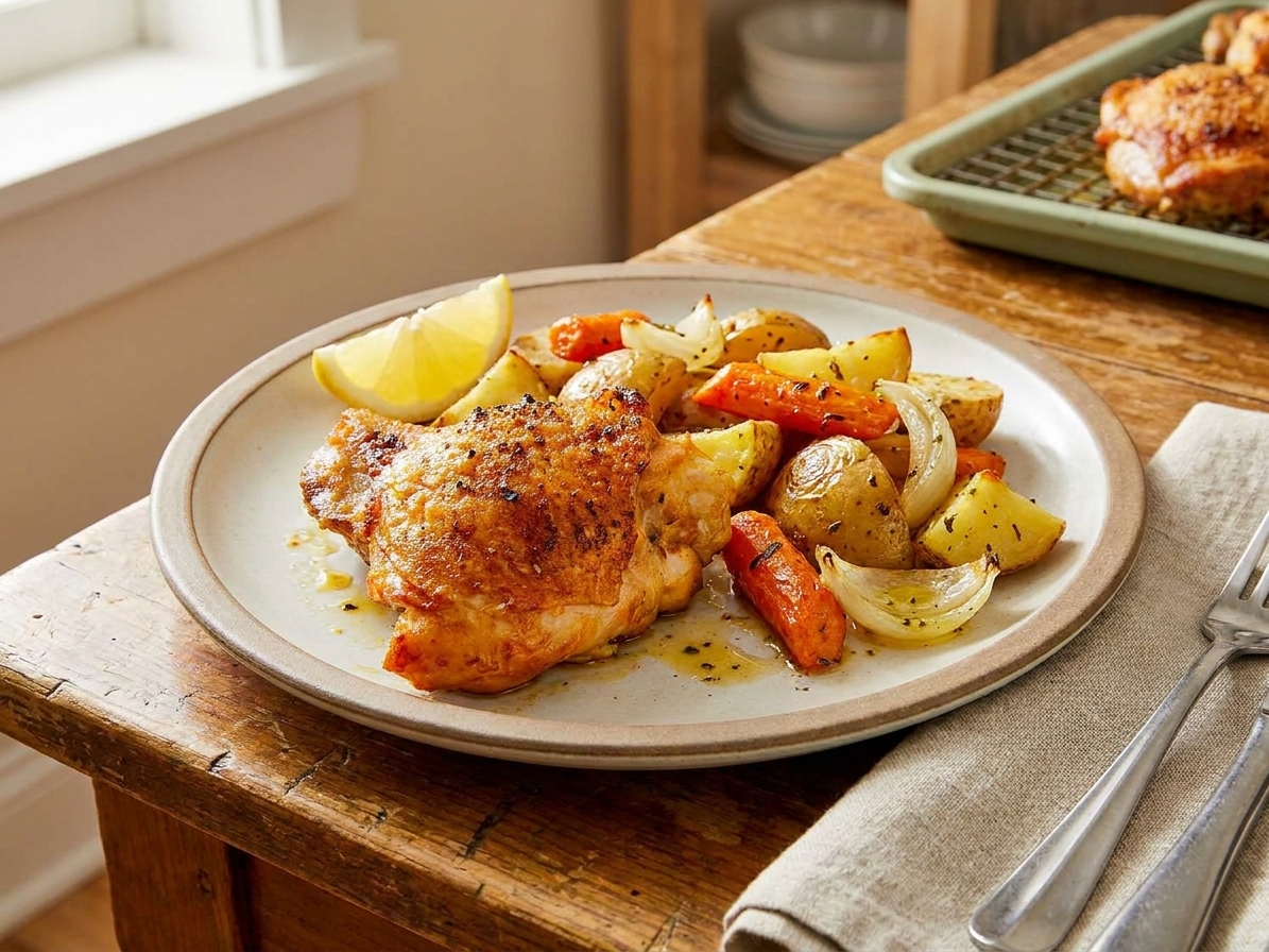 A dinner plate with a crispy baked chicken thigh served alongside roasted vegetables and a lemon wedge, casual home dinner setting