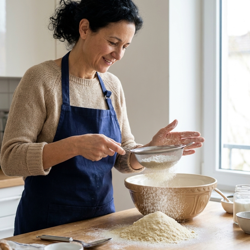 A fine-mesh sieve held over a mixing bowl as almond flour and powdered sugar are sifted into a light, even mound on a kitchen counter