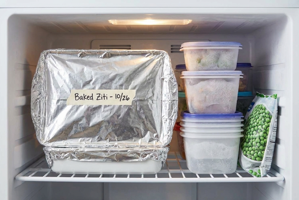 A foil-wrapped baking dish labeled with a date sitting on a freezer shelf next to other neatly stacked containers