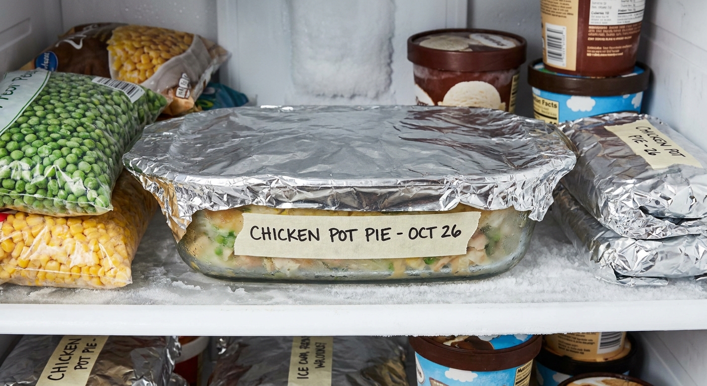 A foil-wrapped casserole dish labeled with a marker sitting on a freezer shelf among other frozen items