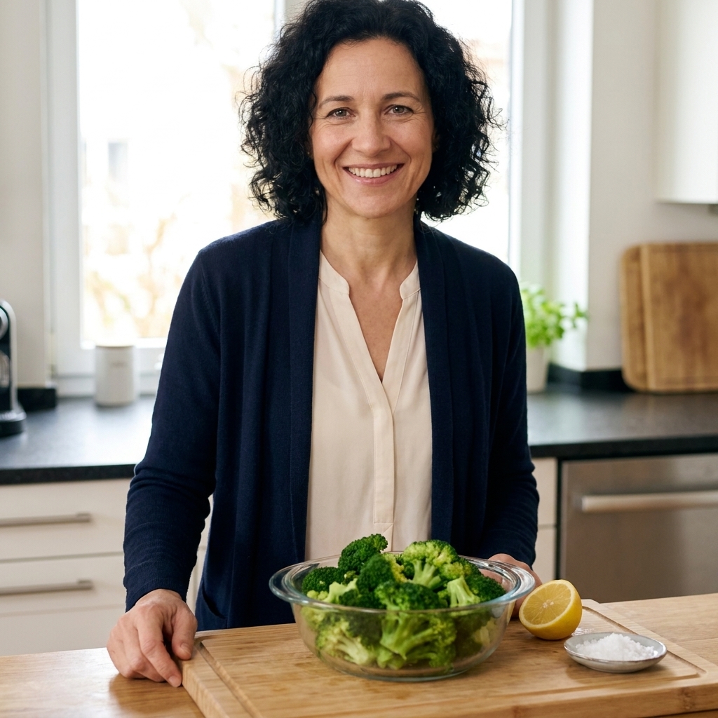 A glass bowl filled with bright green steamed broccoli florets next to a lemon wedge and flaky salt on a cutting board