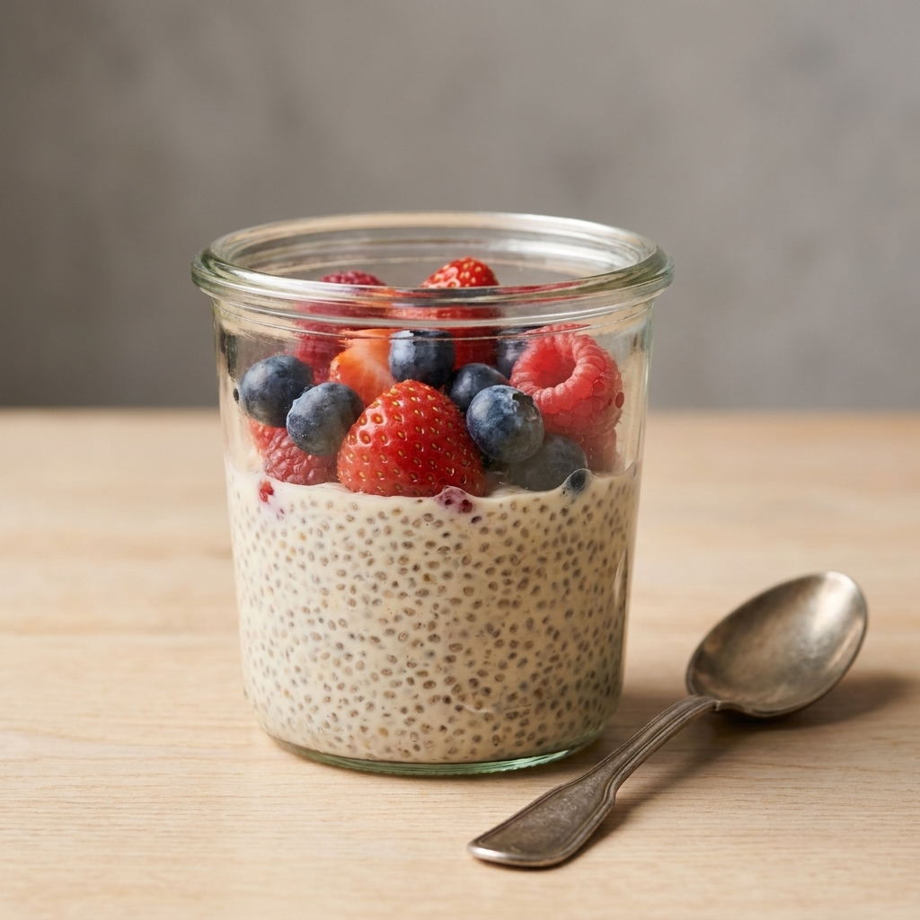 A glass jar of maple vanilla chia pudding topped with fresh berries and a spoon resting beside it