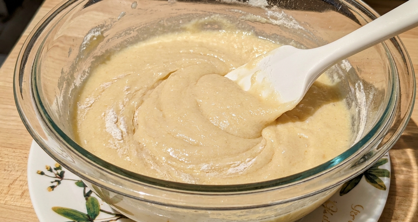 A glass mixing bowl with pale cake batter being gently folded with a rubber spatula, flour streaks just disappearing