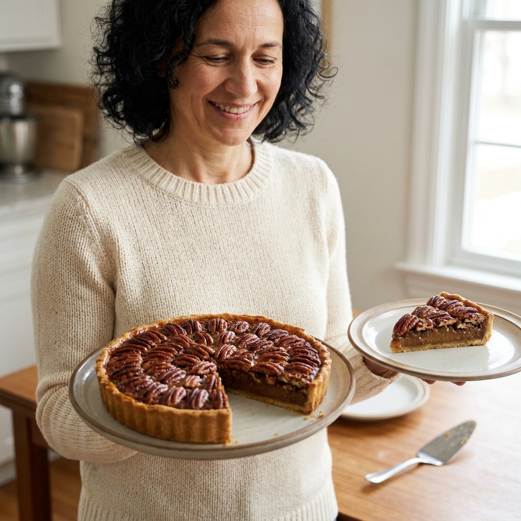 A glossy pecan pie with deeply toasted pecans on top, sliced with a clean wedge removed