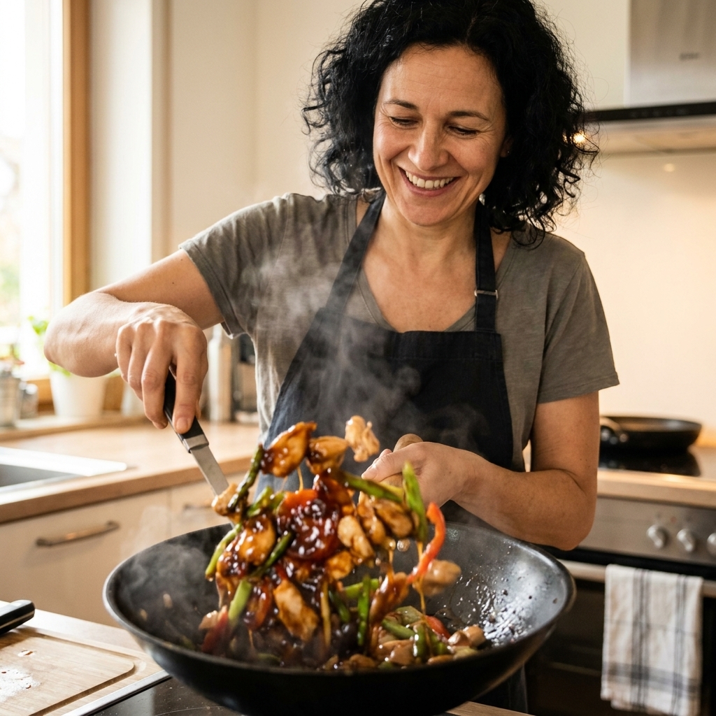 A glossy stir-fry sauce bubbling in a hot skillet as vegetables and chicken are tossed together, showing a thickened glaze clinging to the ingredients