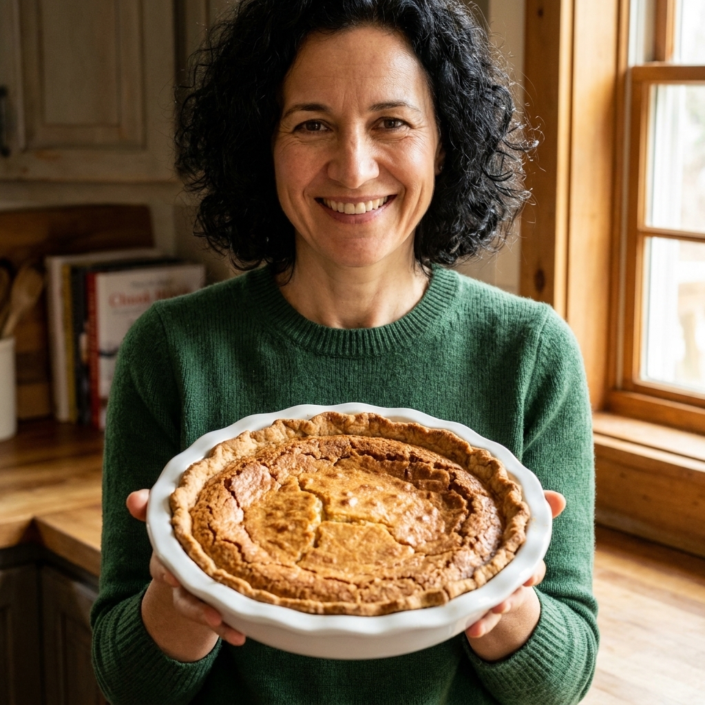 A golden buttermilk chess pie with a lightly crackled top on a white pie plate