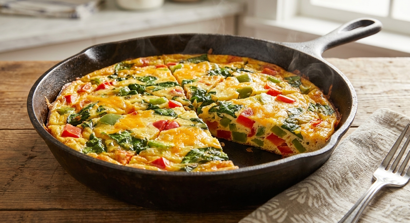 A golden frittata in a skillet with visible peppers, spinach, and melted cheddar, sliced into wedges