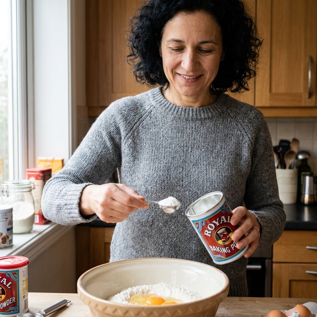 A hand holding an open tin of baking powder with a measuring spoon scooping it over a mixing bowl on a home kitchen counter