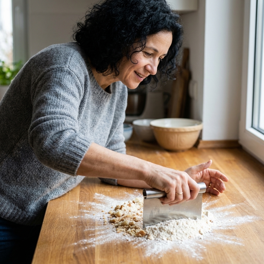 A hand using a metal bench scraper to gather flour and crumbs off a wooden countertop into a small pile for easy cleanup