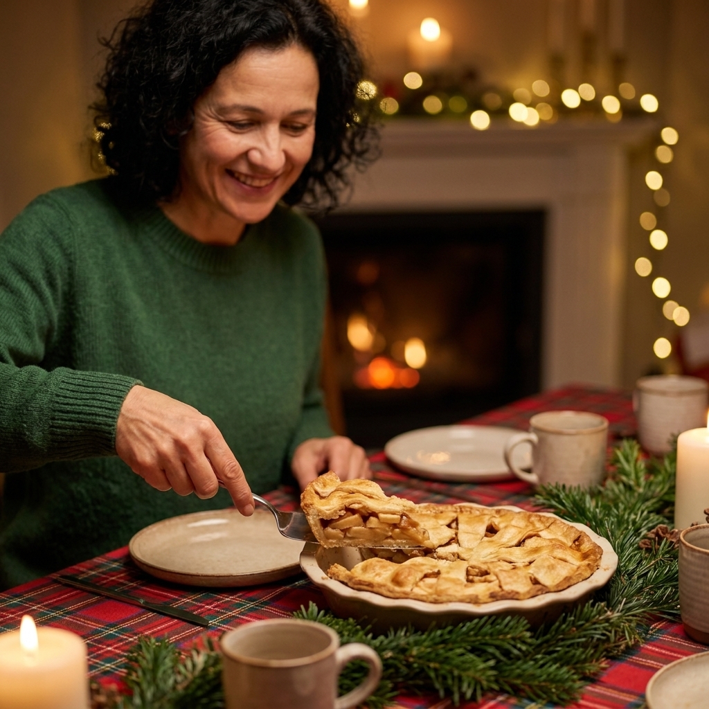 A holiday table with a pie server lifting a slice from a pie, plates and mugs nearby, warm evening lighting