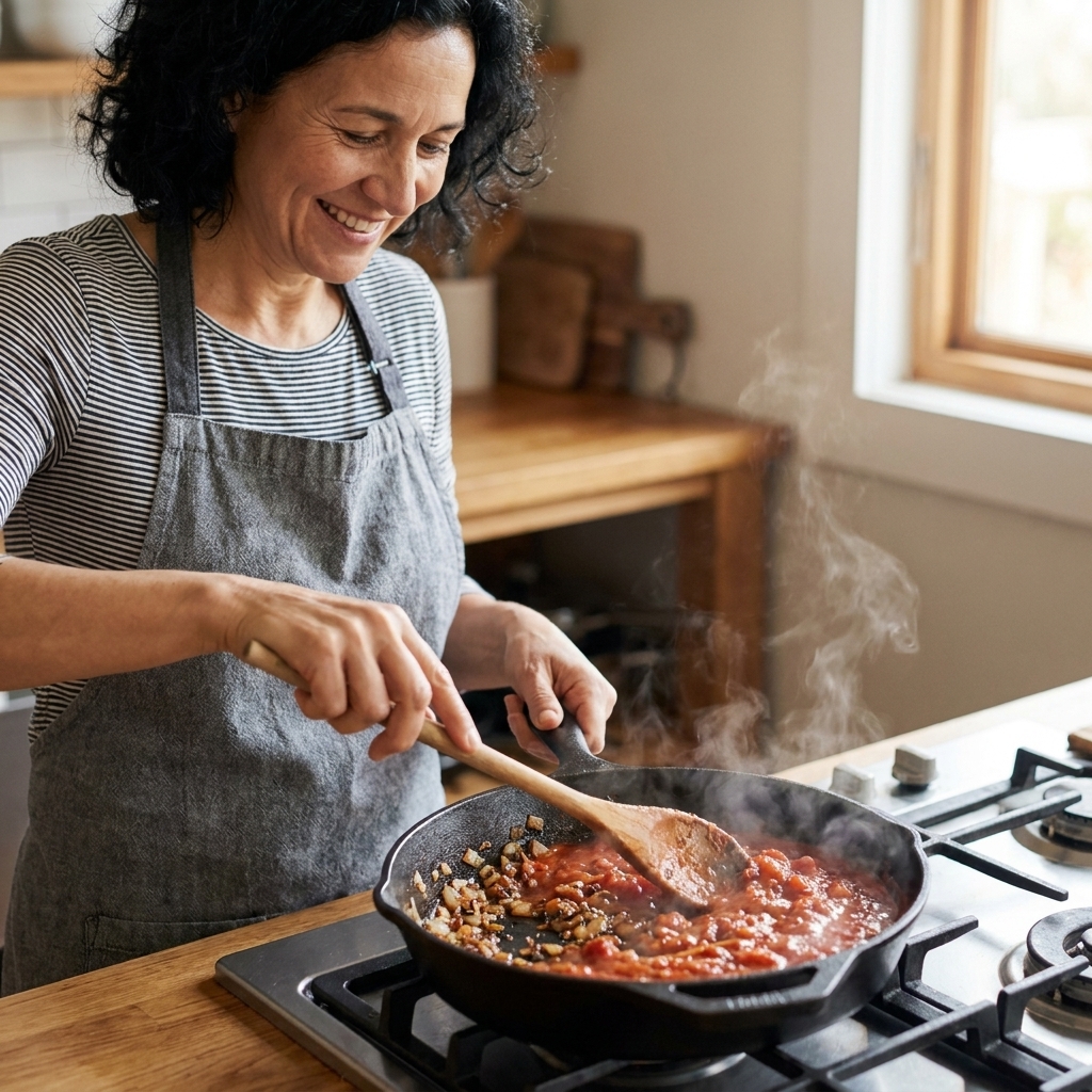 A home cook stirring a bubbling one-pan sauce in a cast-iron skillet on a stovetop, with steam rising and ingredients lightly browned