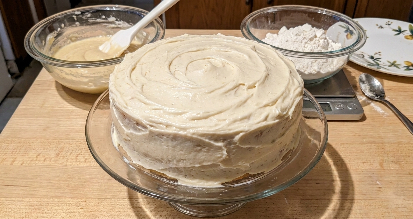 A homemade frosted layer cake on a cake stand on a kitchen counter with mixing bowls in the background