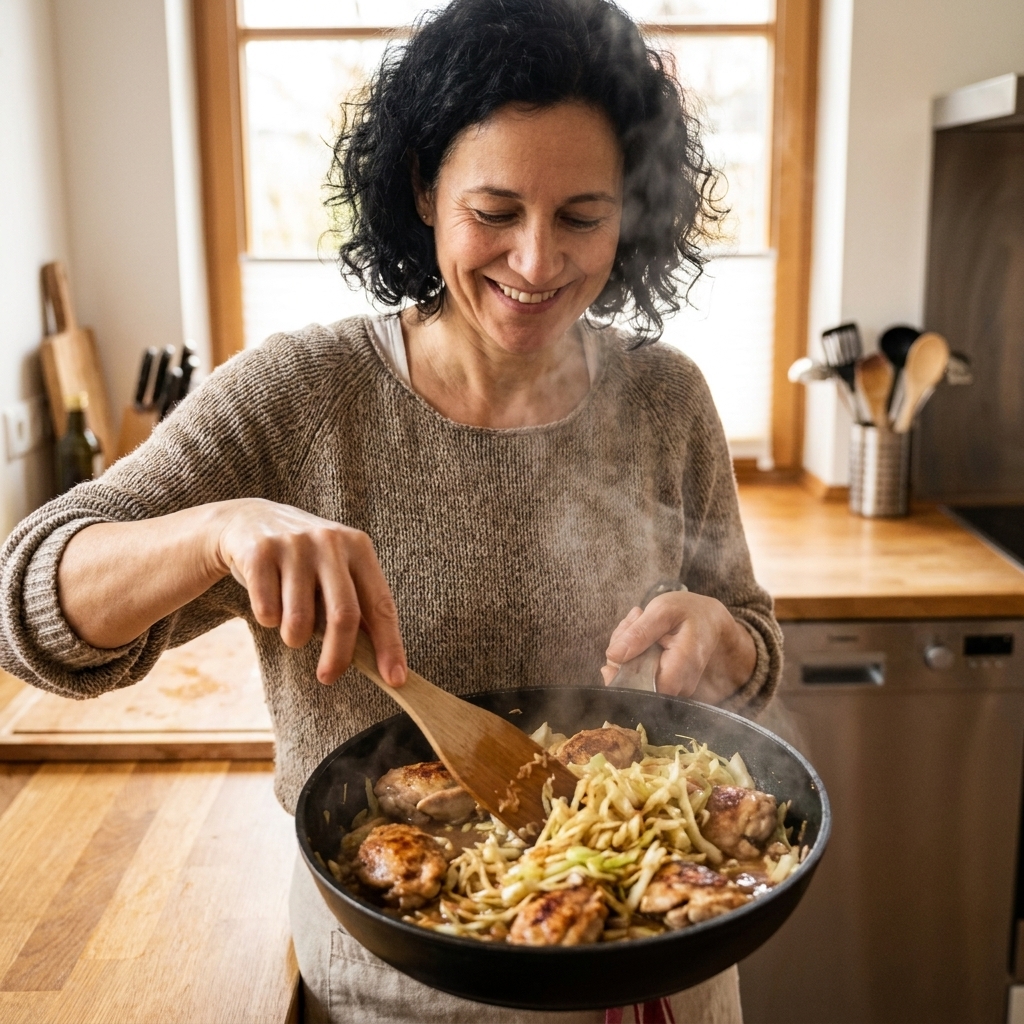 A hot skillet with chicken pieces and shredded cabbage stir-frying, lightly sauced, with steam rising in a home kitchen