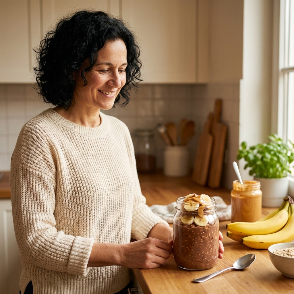 A jar of chocolate overnight oats topped with banana slices and a drizzle of peanut butter on a kitchen counter