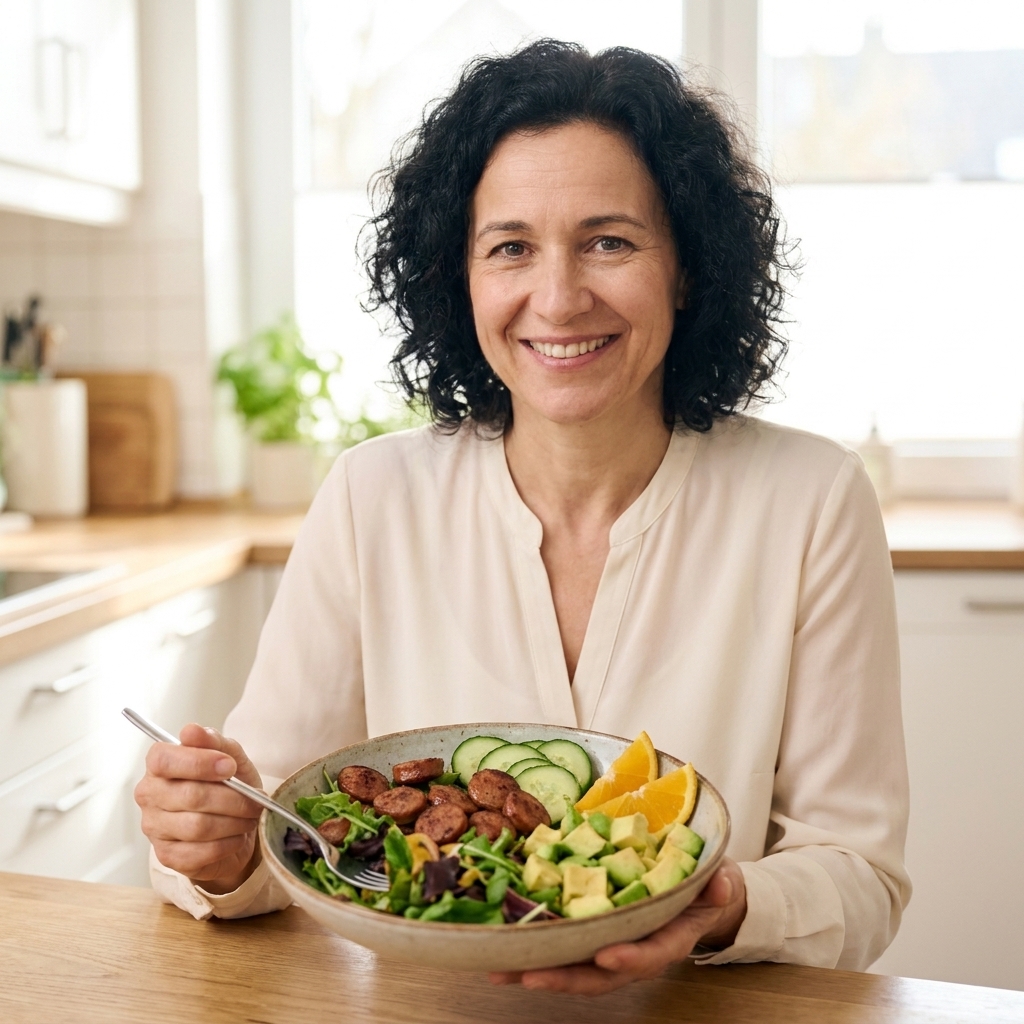 A large bowl of mixed greens topped with browned sausage slices, cucumber, avocado, and citrus wedges