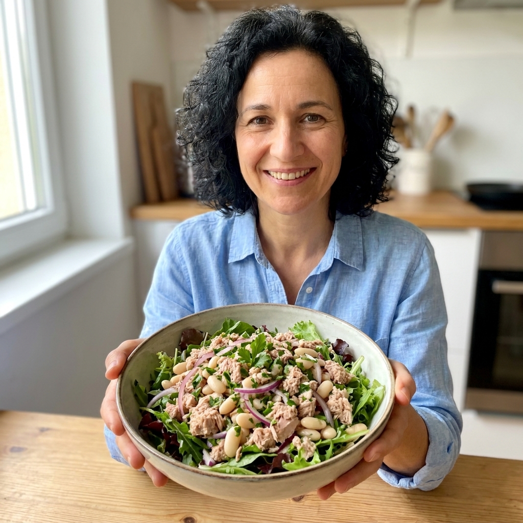 A large bowl of tuna and white bean salad with parsley and red onion, served over greens