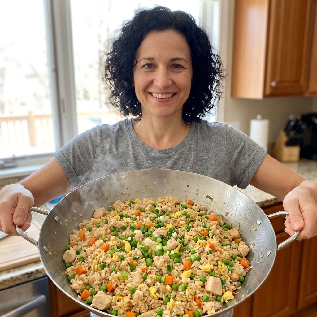 A large pan of chicken fried rice with peas, carrots, scrambled egg pieces, and green onions
