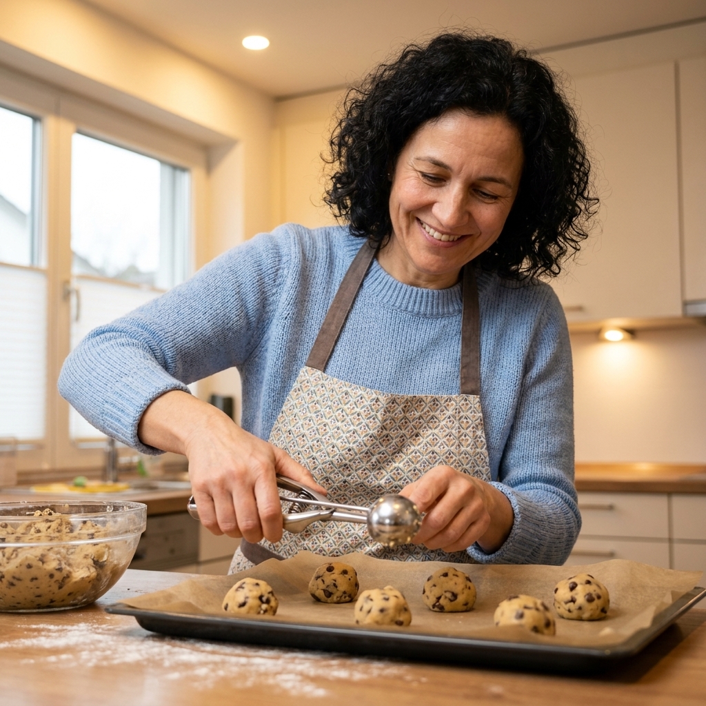 A metal cookie scoop portioning chocolate chip cookie dough onto a parchment-lined baking sheet