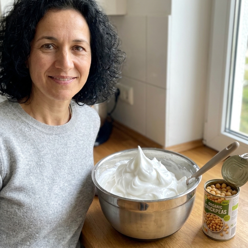 A metal mixing bowl filled with glossy whipped aquafaba peaks beside a can of chickpeas on a kitchen counter