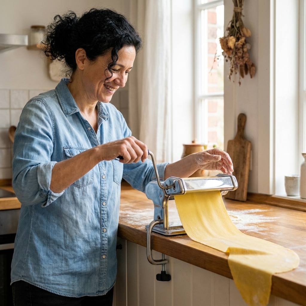 A metal pasta machine clamped to a kitchen counter with a long sheet of pasta dough being rolled through, draping over the counter edge