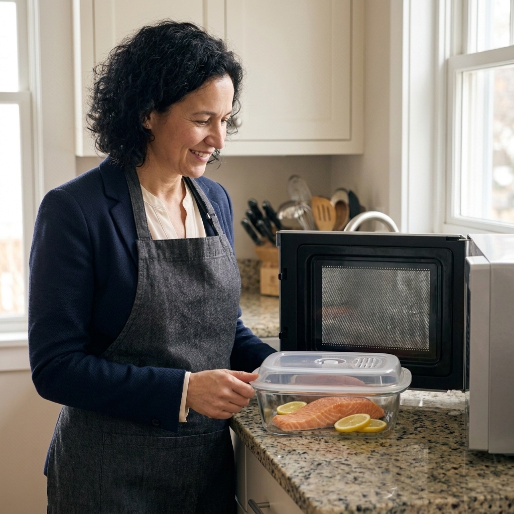 A microwave-safe dish with a salmon fillet topped with lemon slices under a vented lid on a countertop