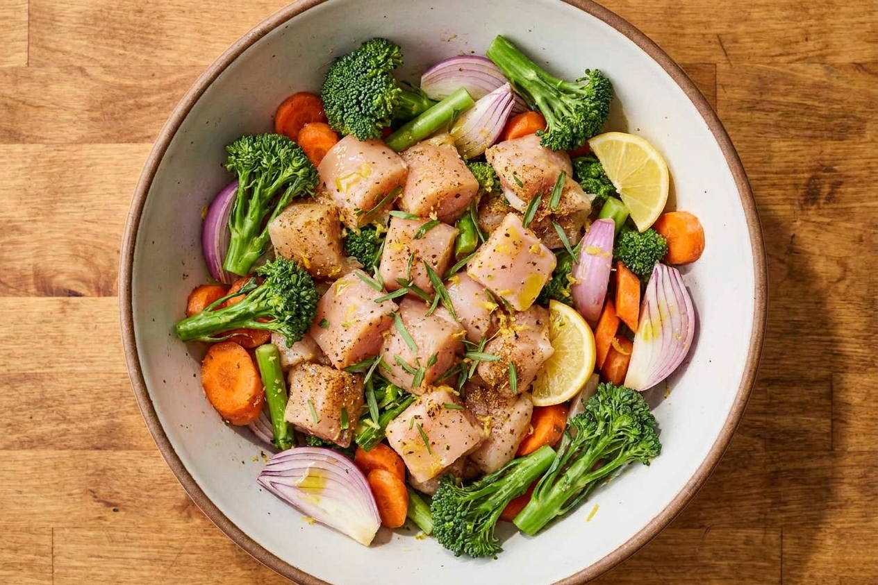 A mixing bowl with cubed chicken and chopped vegetables tossed with olive oil and spices, ready to roast