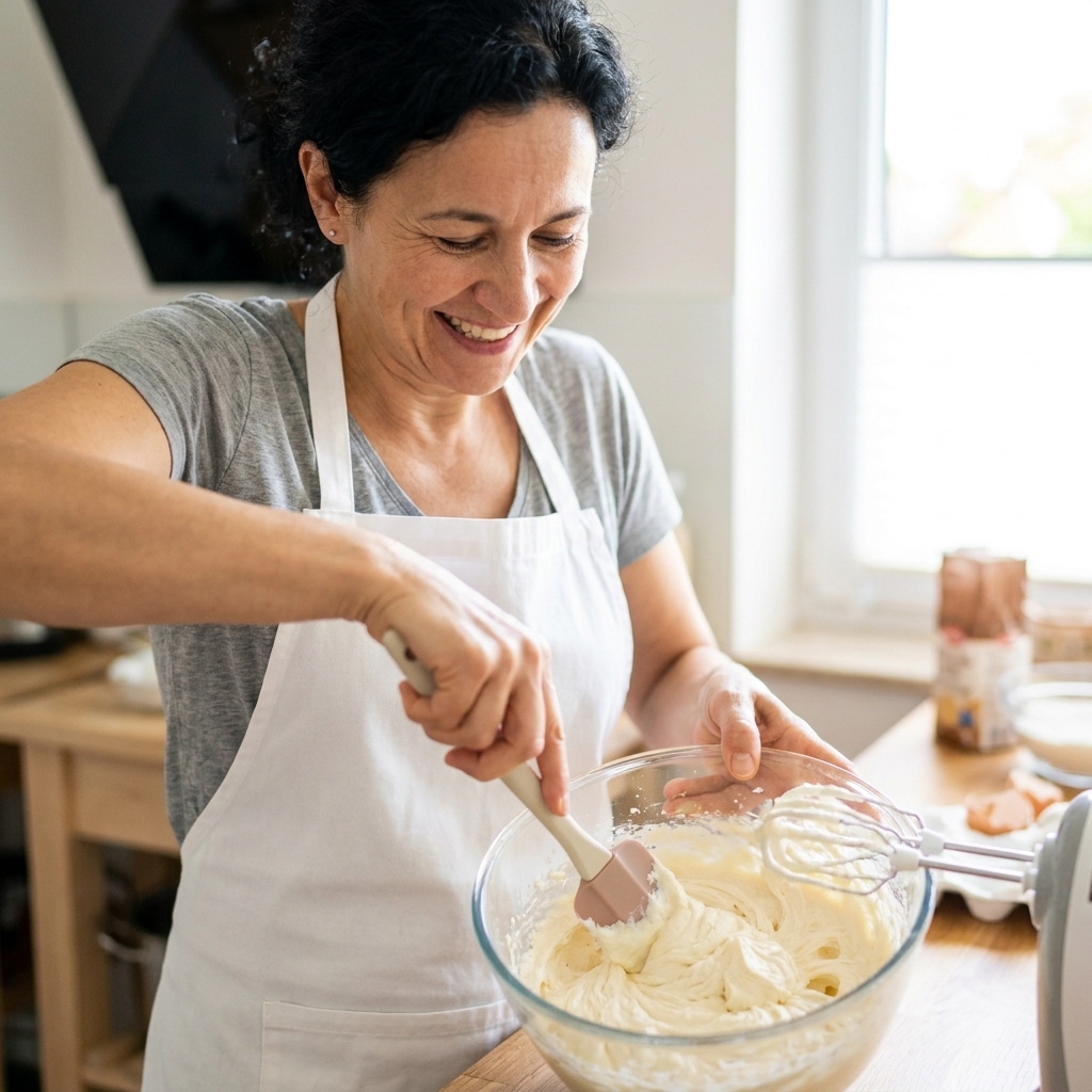 A mixing bowl with fluffy vanilla buttercream being beaten until smooth, with a spatula scraping the sides
