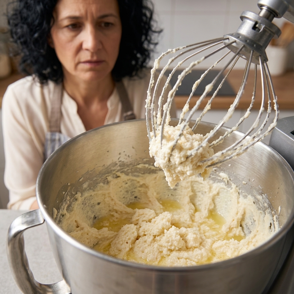 A mixing bowl with pale buttercream that looks curdled and slightly separated, mid-mix with a whisk attachment