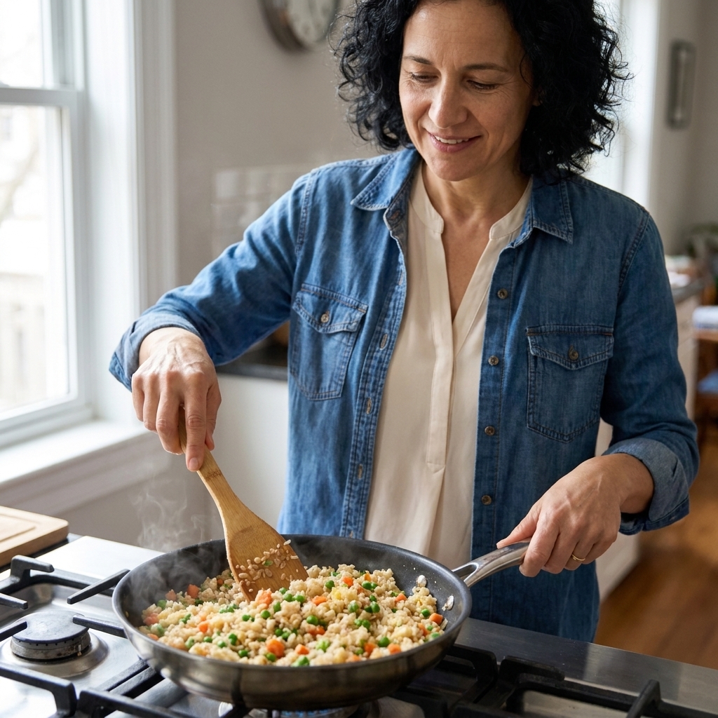 A nonstick pan of egg fried rice with peas and carrots being stirred with a wooden spatula