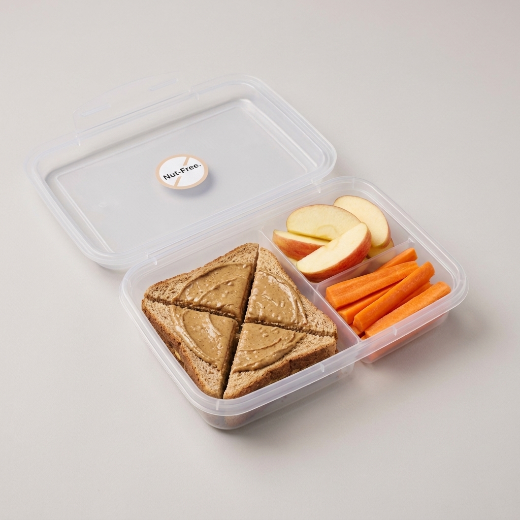 A nut-free lunch container holding a sunflower seed butter sandwich cut into triangles with apple slices and carrot sticks