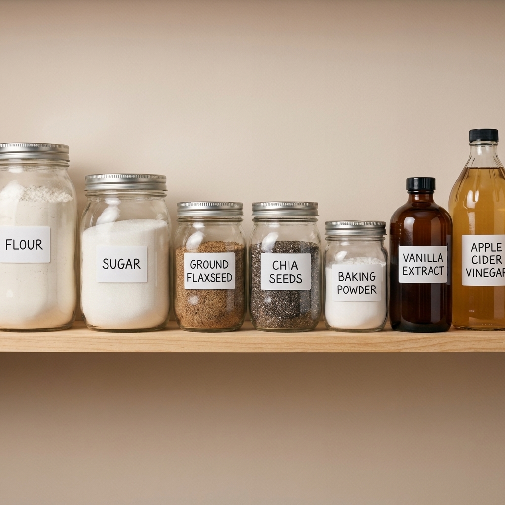 A pantry shelf with labeled jars of flour, sugar, ground flaxseed, chia seeds, and baking powder next to bottles of vanilla and apple cider vinegar