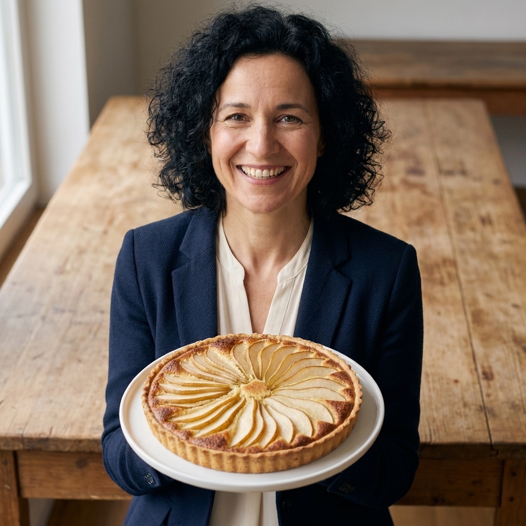 A pear frangipane tart with thinly sliced pears fanned on top and lightly browned edges