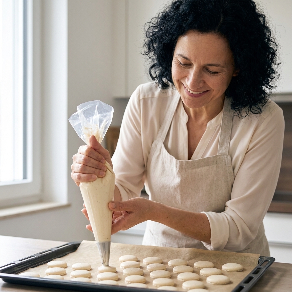 A piping bag held vertically as pale macaron batter is piped into even circles on a parchment-lined baking sheet