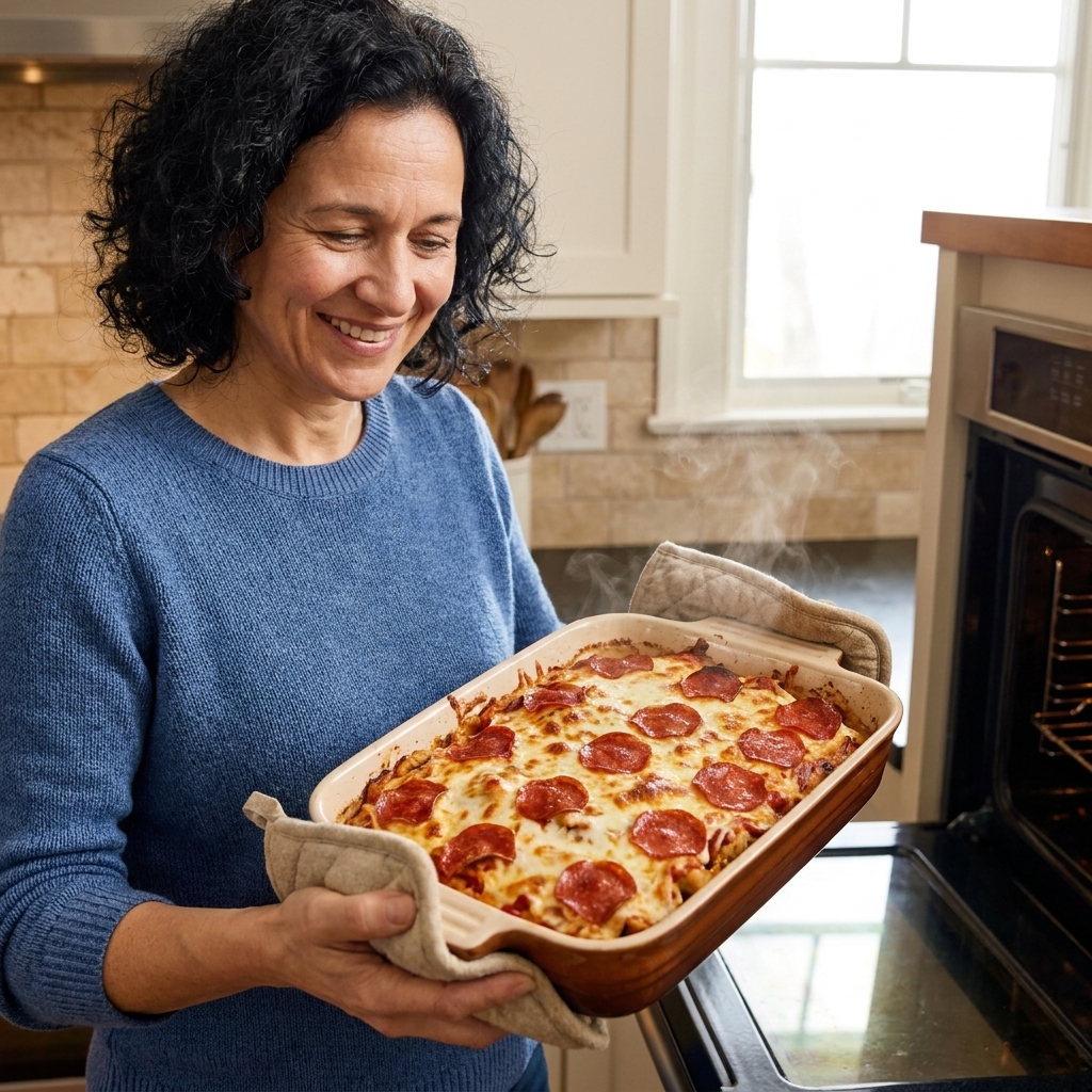 A pizza chicken casserole fresh from the oven with browned mozzarella and crisp pepperoni slices on top in a baking dish
