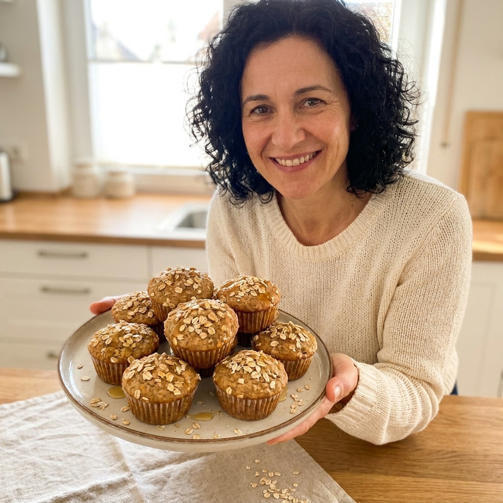 A plate of honey oat banana muffins with a few oats sprinkled on top, set on a kitchen table