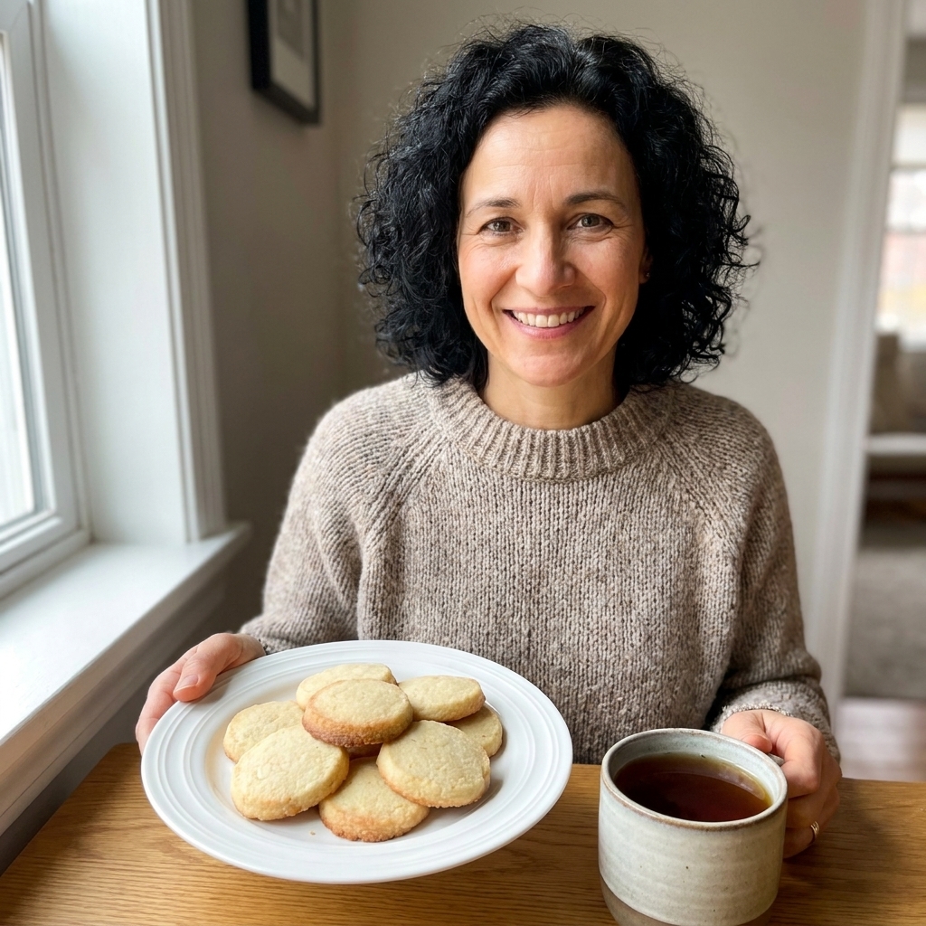 A plate of pale golden almond flour shortbread cookies with lightly browned edges next to a cup of tea