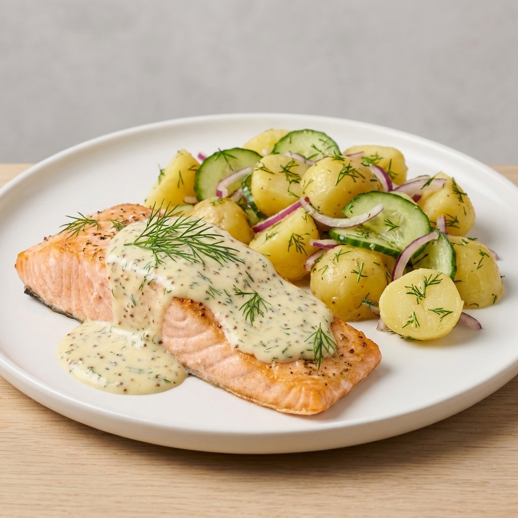 A plate with mustard dill salmon fillet beside a warm potato salad with cucumbers and fresh dill
