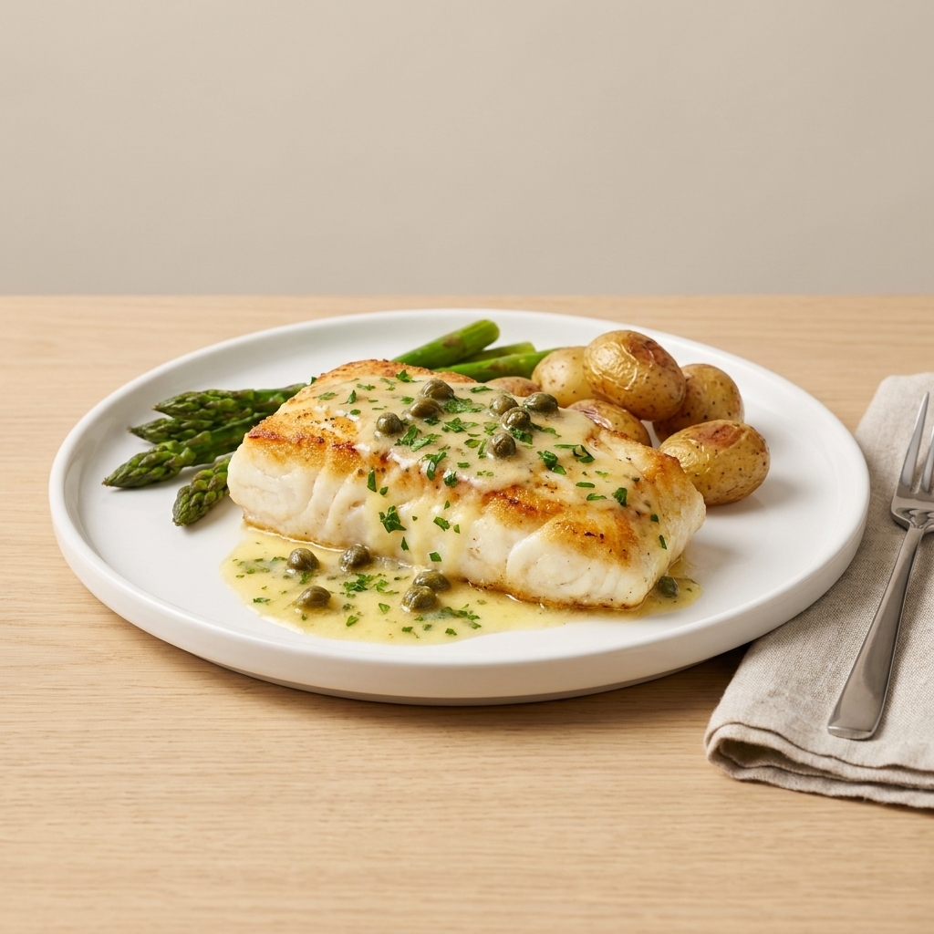 A plated piece of pan-seared cod topped with lemon-caper butter and chopped parsley
