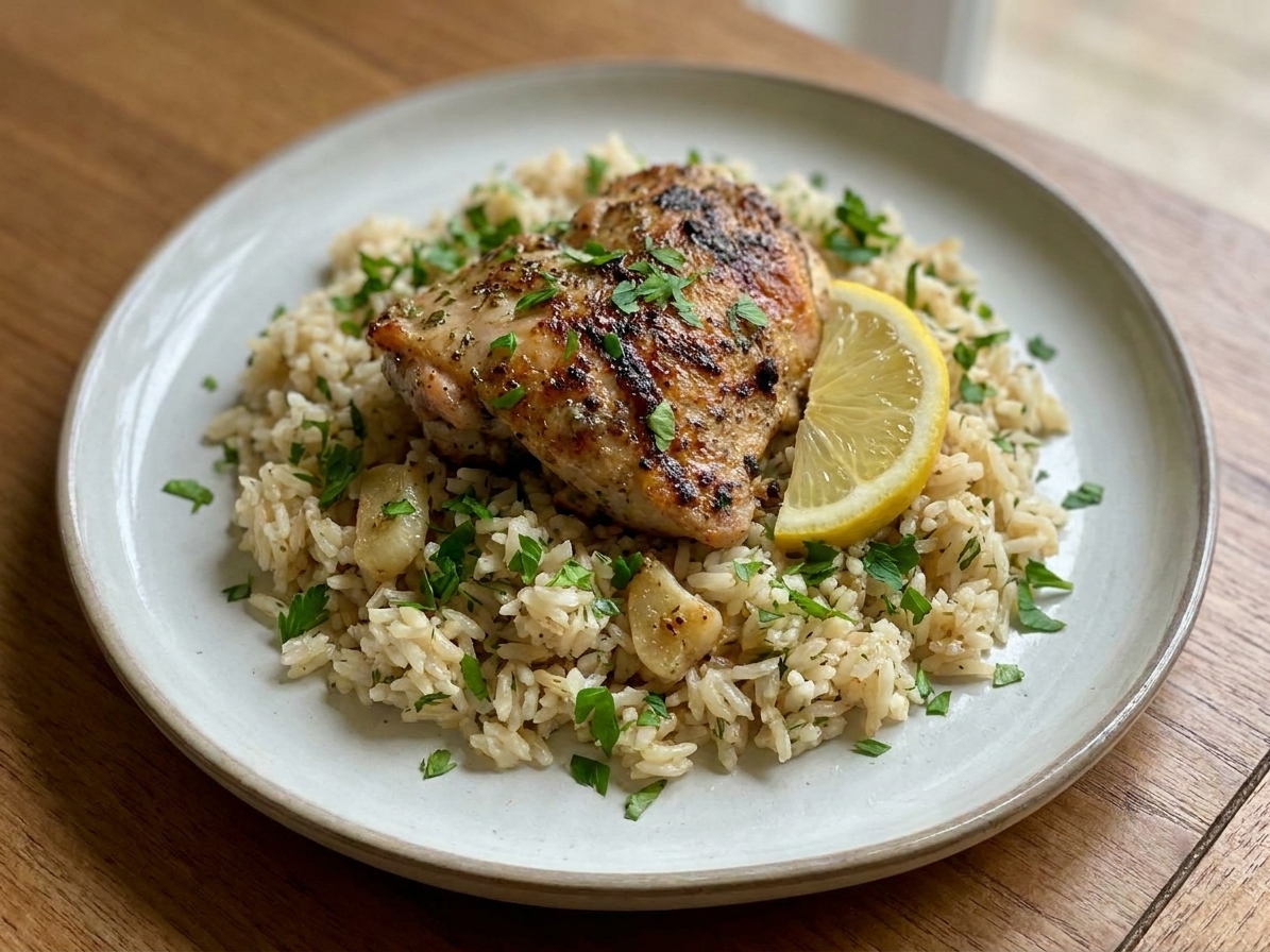 A plated serving of lemon garlic chicken and rice with a lemon wedge and a sprinkle of parsley on a dinner plate