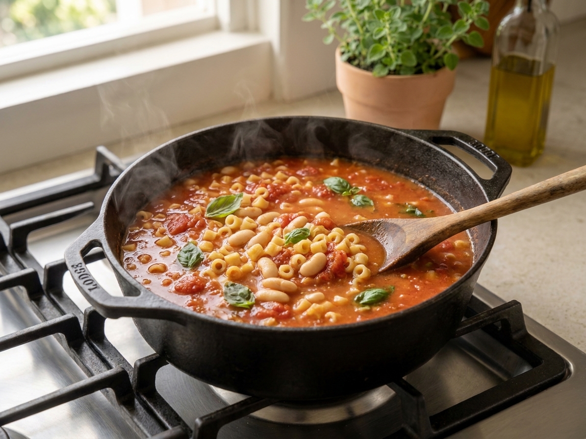 A pot of brothy tomato soup with small pasta and white beans simmering on the stove