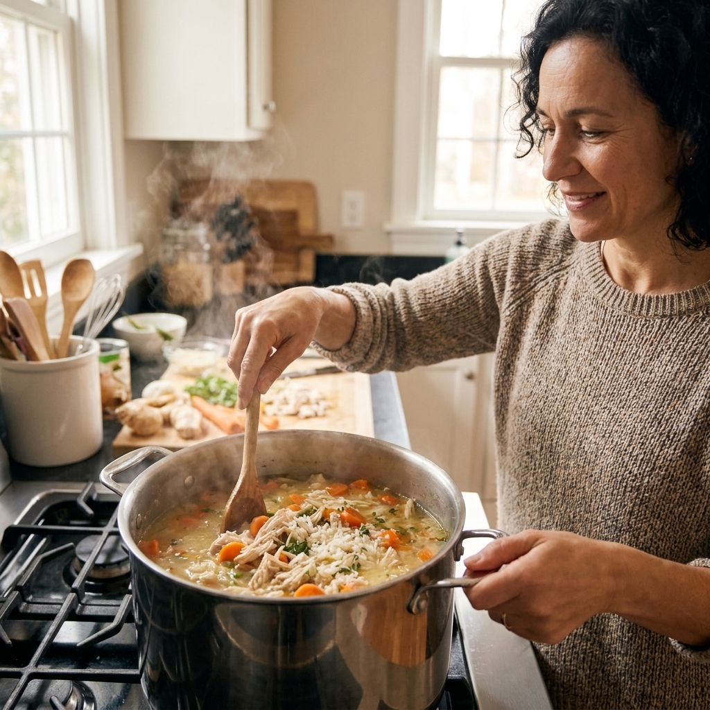 A pot of chicken and rice soup with carrots and herbs simmering on a stovetop