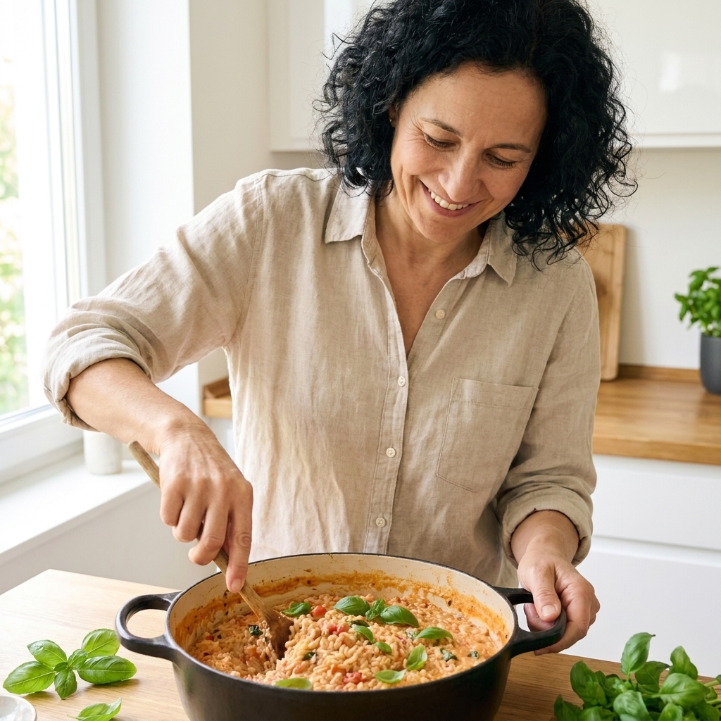 A pot of creamy tomato basil rice being stirred with a wooden spoon, with fresh basil leaves scattered on top