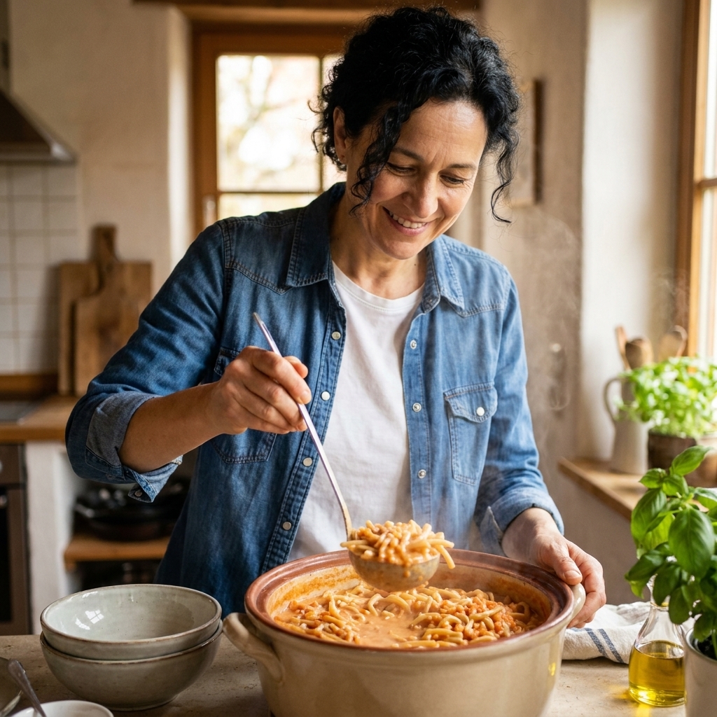 A pot of creamy tomato lentil pasta with steam rising and a ladle scooping noodles and lentils