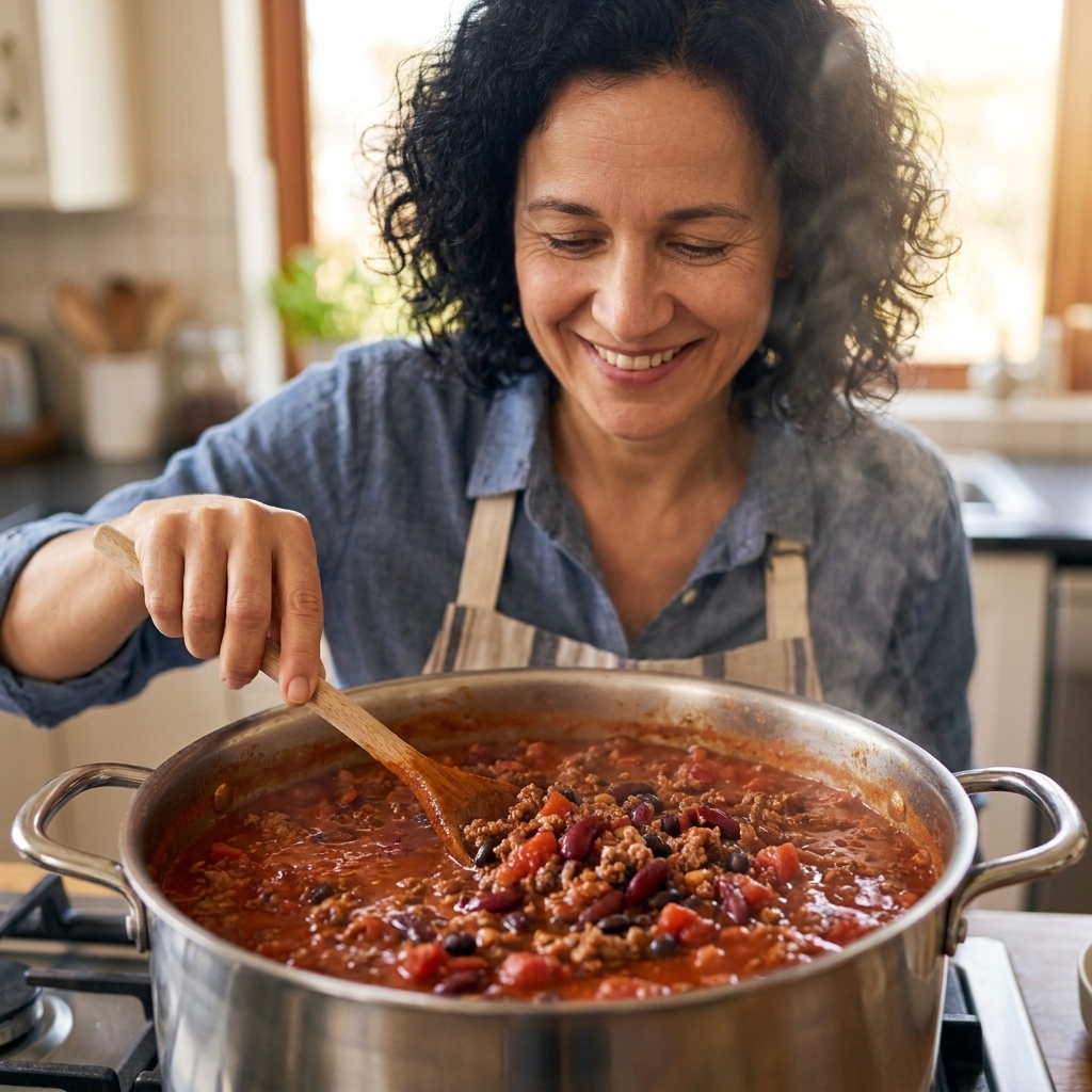 A pot of hearty beef and bean chili simmering with visible beans and ground meat in a rich red sauce
